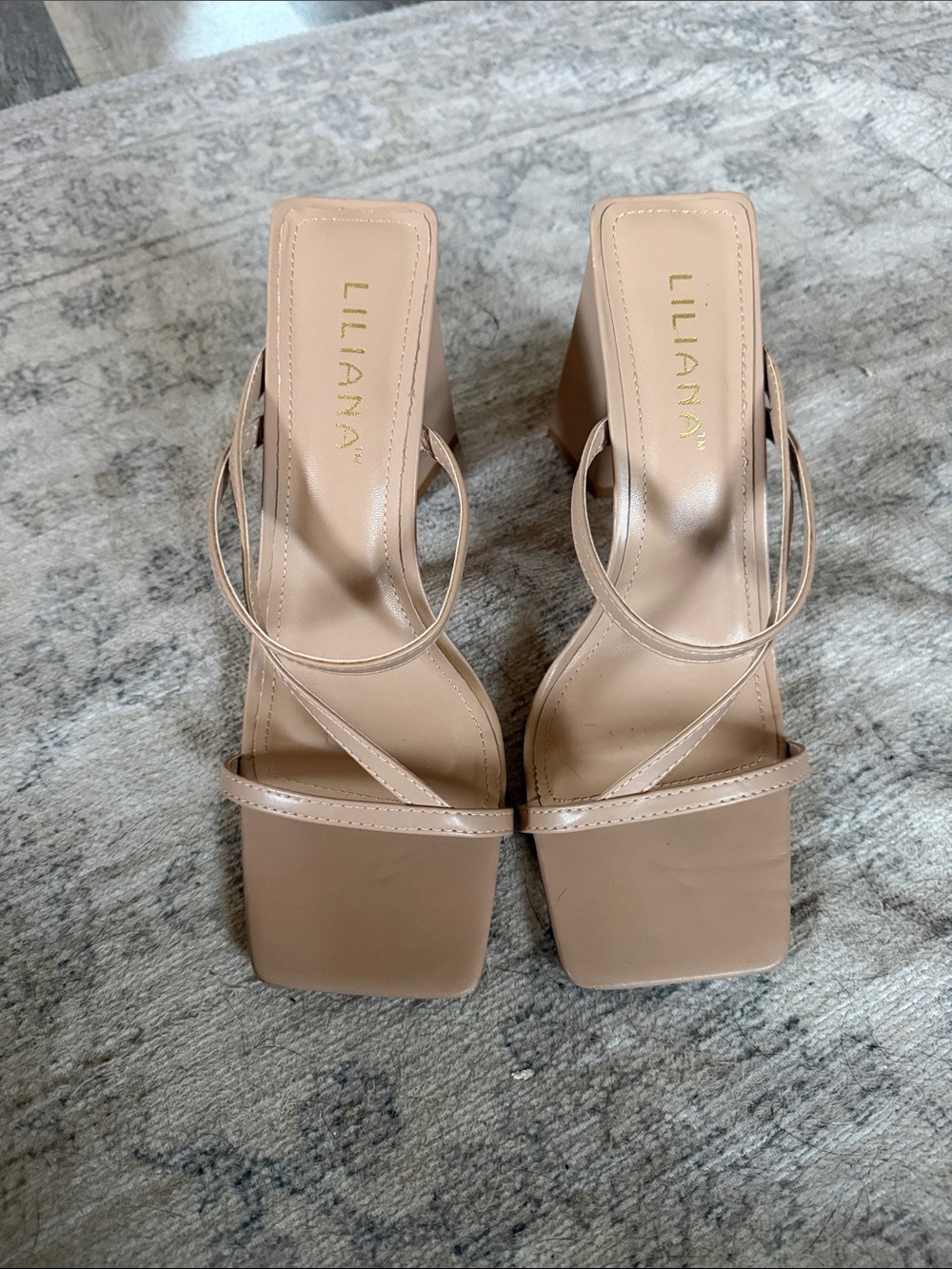 Liliana Beige Nude Square-Toe Strappy Block Heels